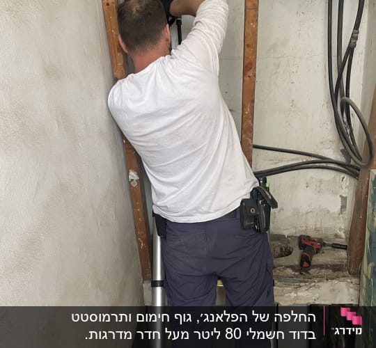 אדם מתקן דוד שמש על סולם בחדר קטן